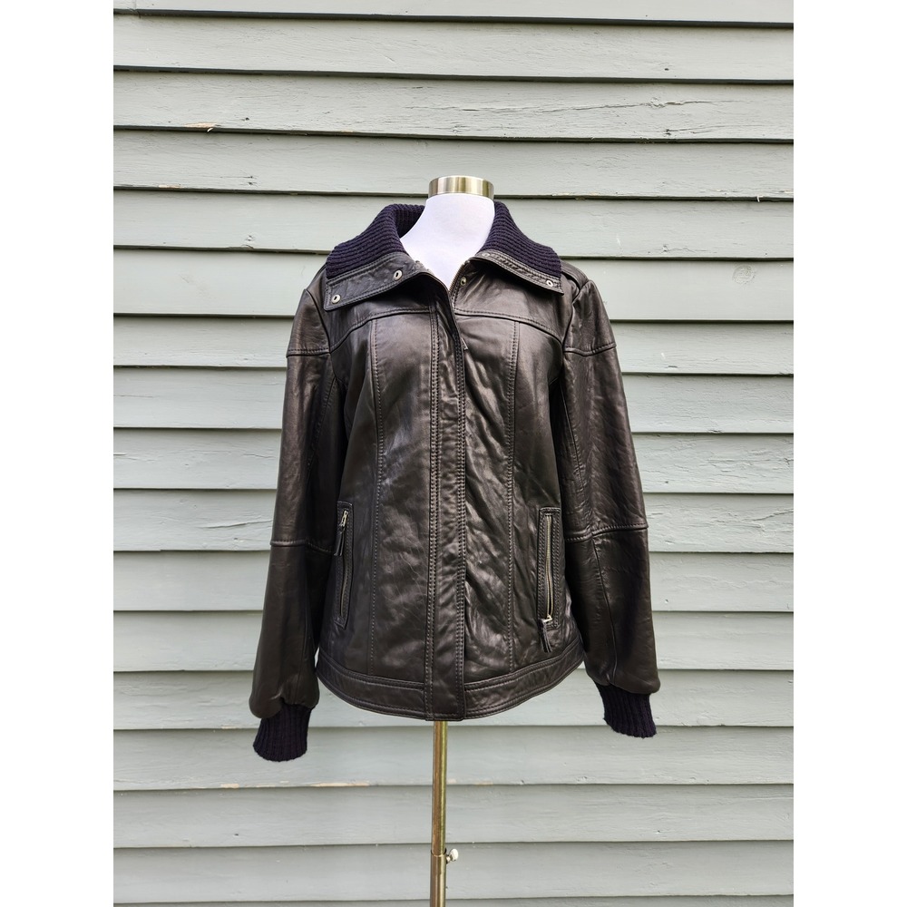 Eddie Bauer Leather Jacket Black Ribbed Knit Collar Bomber Woman's XL Tall